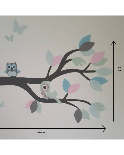 Afmetingen behang muursticker sierlijke uilentak mintgroen roze blauw.