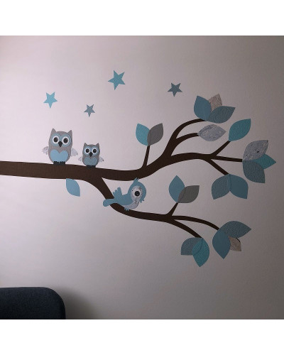 Behang muursticker sierlijke uilentak babykamer lichtblauw met sterren.