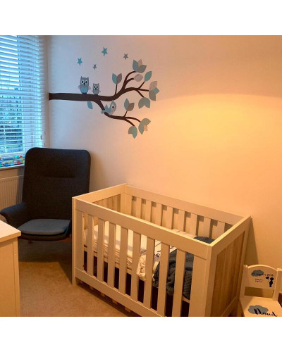 Babykamer Behang muursticker sierlijke uilentak blauw.