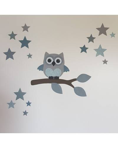 Behangsticker babykamer Uil op tak met sterren