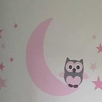 Behang muursticker babykamer uil op de maan licht roze.