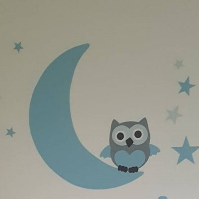 Behang muursticker babykamer uil op de maan met sterren blauw.