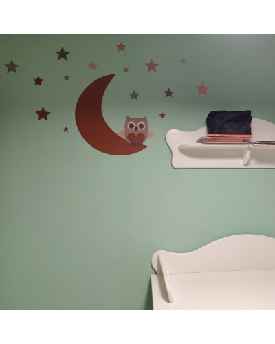 Behang (muur)sticker babykamer Uil op de maan met sterren - roestbruin