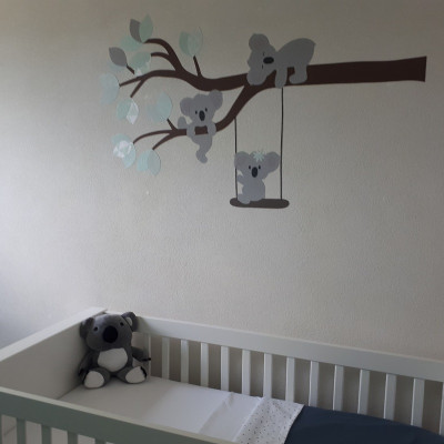 Behang muursticker babykamer koala tak met schommel mintgroen spiegelbeeld.
