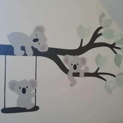 Behang muursticker babykamer koala tak met schommel mintgroen.