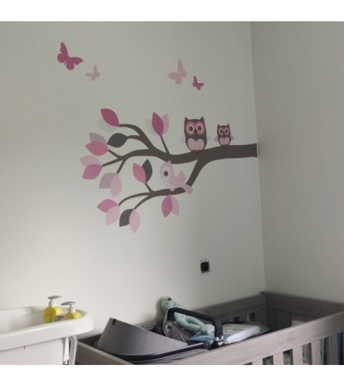 Behangsticker tak met uilen licht roze.