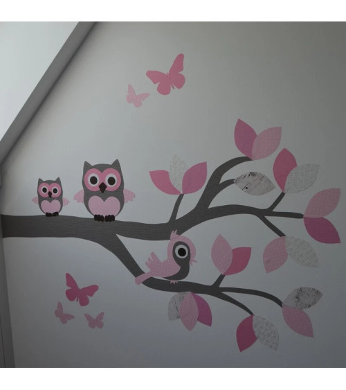Behangsticker tak met uilen licht roze.