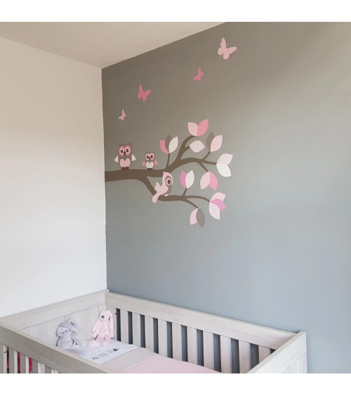 Behangsticker tak met uilen licht roze.