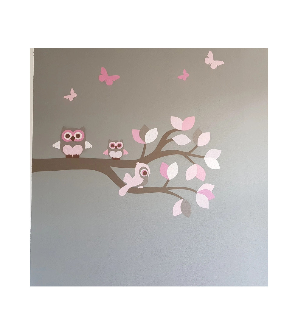 Behangsticker tak met uilen licht roze.