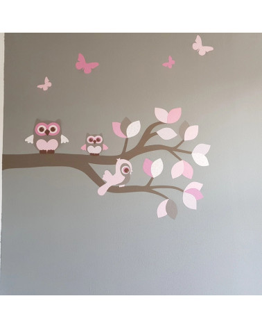 Behangsticker tak met uilen licht roze.