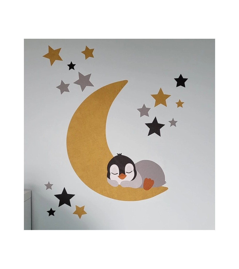 Behangsticker babykamer punguin op de maan met sterren