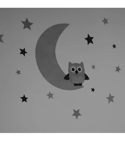 Behang (muur)sticker Uil op de maan met sterren in kleur naar keuze