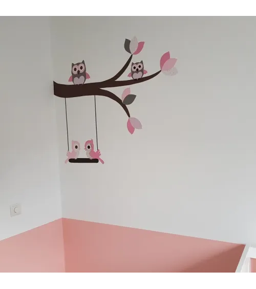 Behang (muur)sticker babykamer Tak met uiltjes en schommel