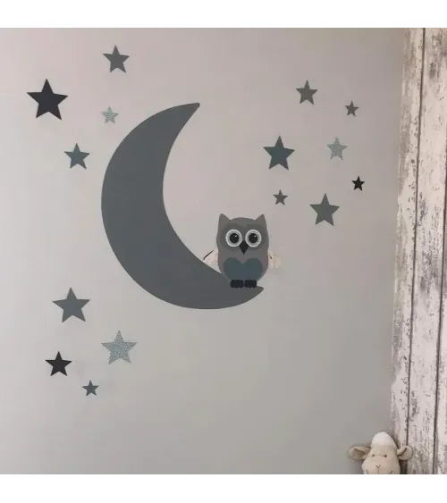 Behang (muur)sticker Uil op de maan met sterren - oud groen