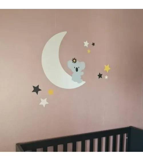 Behang (muur)sticker babykamer Zittende koalabeer op de maan met sterren