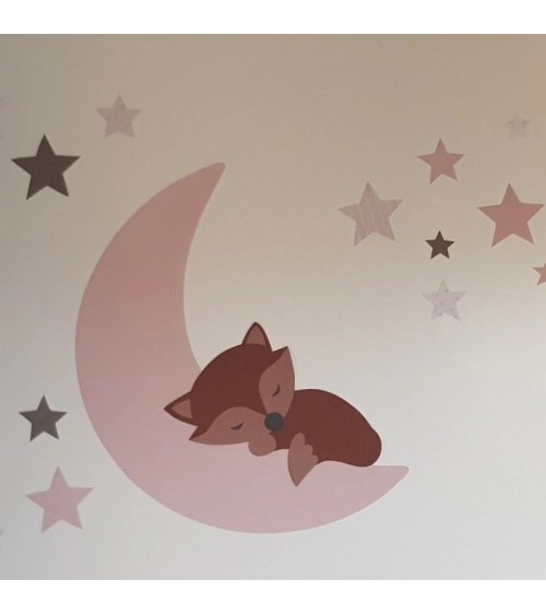 Behangsticker meisjes babykamer slapend vosje op de maan met sterren