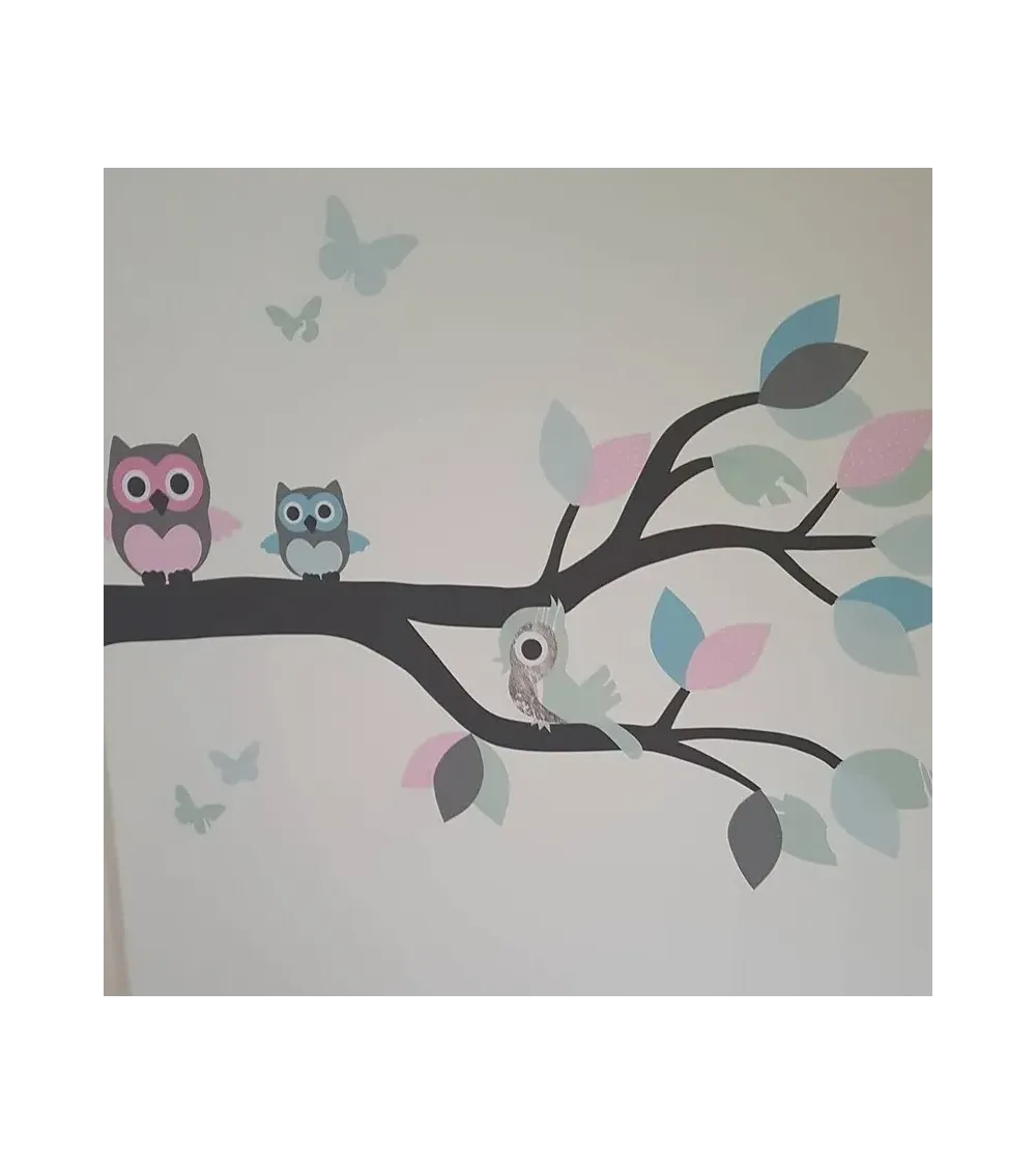 Behang muursticker sierlijke uilentak mintgroen roze blauw.