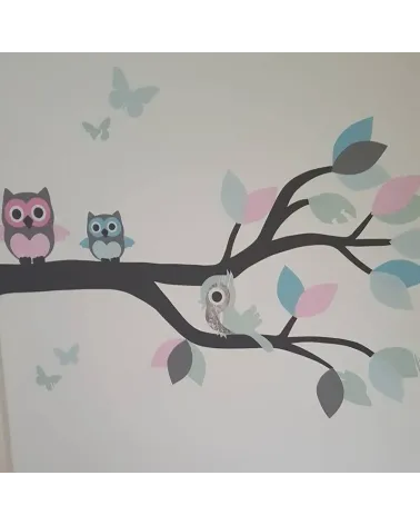 Behang muursticker sierlijke uilentak mintgroen roze blauw.