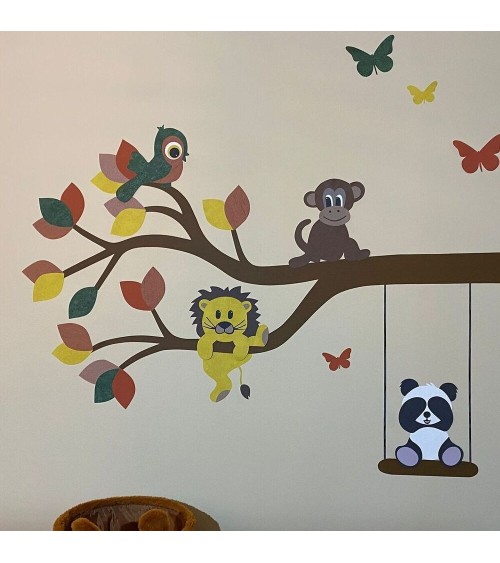 Behang muursticker babykamer losse sierlijke tak okergeel met indianen uil.