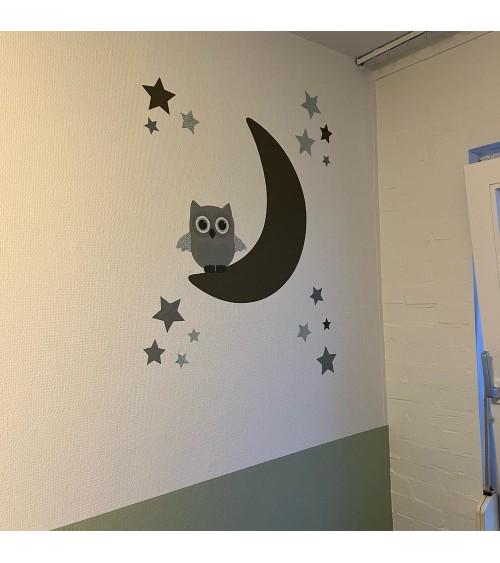 Behang muursticker babykamer uiltje op de maan en sterren in grijs groen.