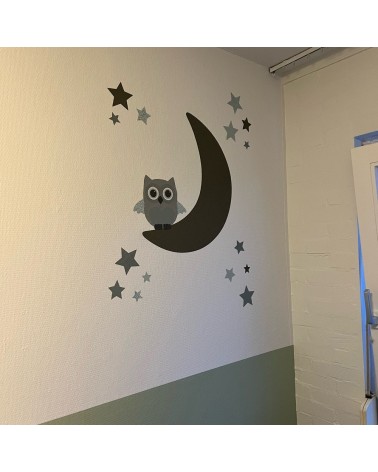 Behangsticker babykamer uiltje op de maan donkergroen grijs.