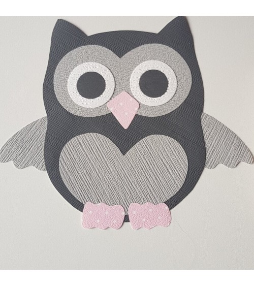 Muursticker behang uil groot mintgroen, grijs, okergeel.