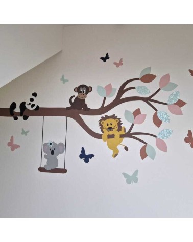 Tak met vrolijke dieren behangsticker in roze en mintgroen.