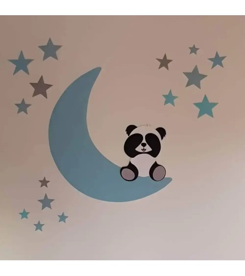 Behangsticker zittende pandabeer op de maan okergeel in terracotta babykamer.