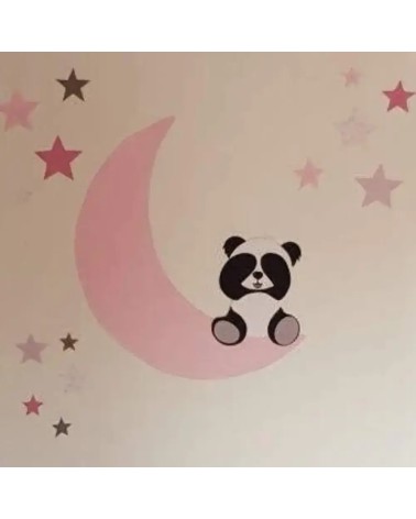 Behangsticker babykamer zittend pandabeertje op de maan roze.