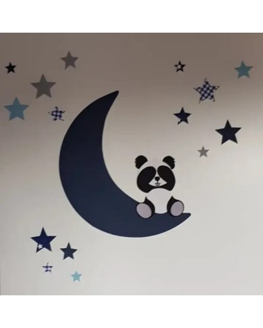 Behangsticker babykamer zittend pandabeertje op de maan donkerblauw.