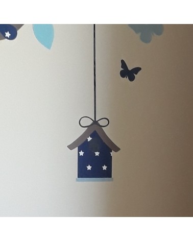 Muursticker behang vogelhuisje donker blauw.