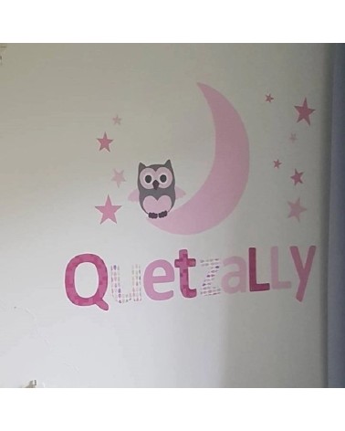 Behang muursticker babykamer uil op de maan lichtroze met naamletters.