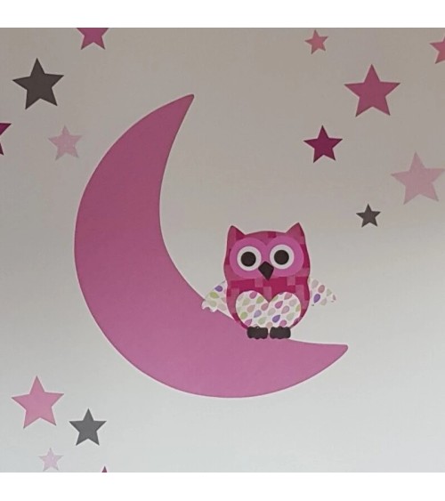 Behang muursticker babykamer uil op de maan oud roze.