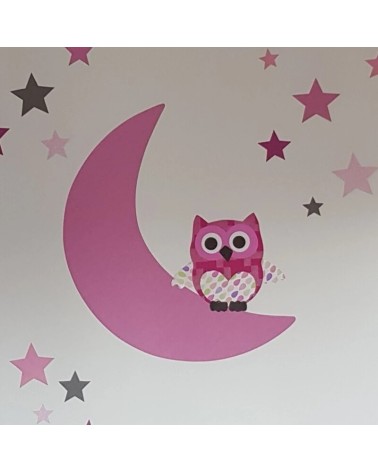 Behang muursticker babykamer uil op de maan felroze.