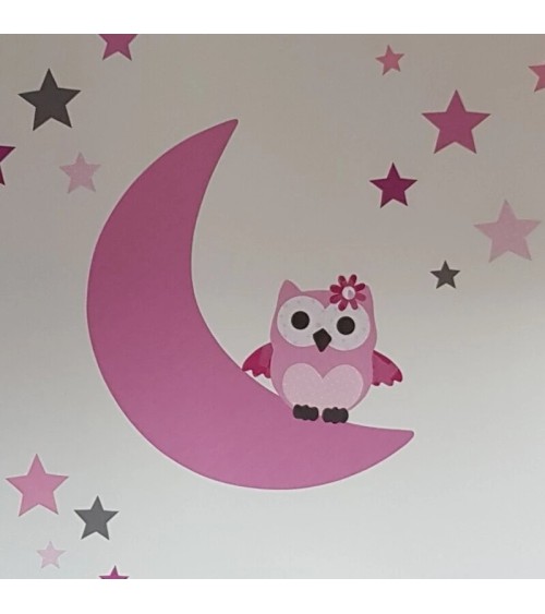 Behang muursticker babykamer uil op de maan oud roze.