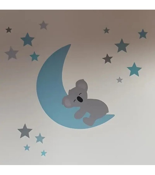 Behangsticker babykamer slapende koalabeer op de maan met sterren donkergroen