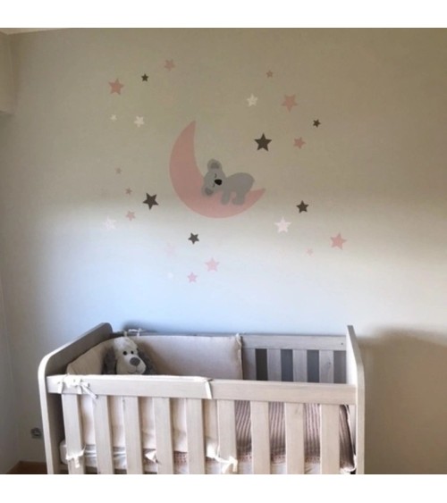 Behangsticker babykamer slapende koalabeer op de maan met sterren donkergroen