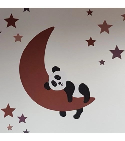 Behangsticker babykamer slapende pandabeer op de maan okergeel.