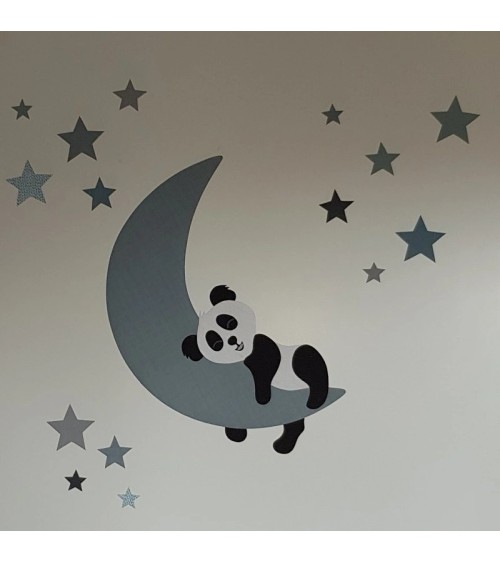 Behangsticker babykamer slapende pandabeer op de maan okergeel.