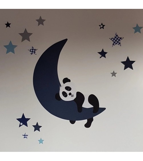 Behangsticker babykamer slapende pandabeer op de maan okergeel.