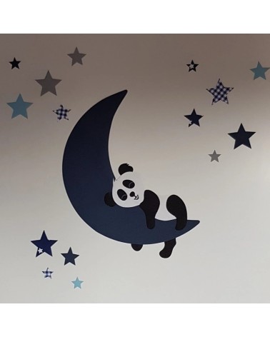 Behang muursticker babykamer slapende pandabeer op de maan donkerblauw.