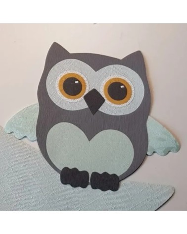 Muursticker kleine behang uil mintgroen, grijs en oker.