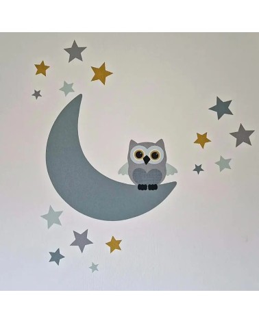 Behangsticker babykamer uil op de maan mintgroen en okergeel.