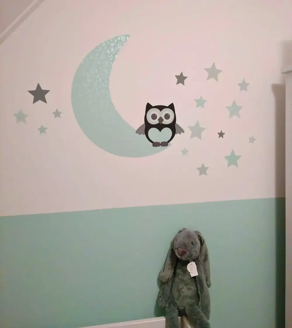 Uil op de maan behangsticker met bloemen behang meisjes babykamer