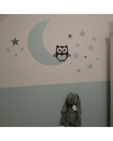 Behang muursticker uil op de maan mintgroen.
