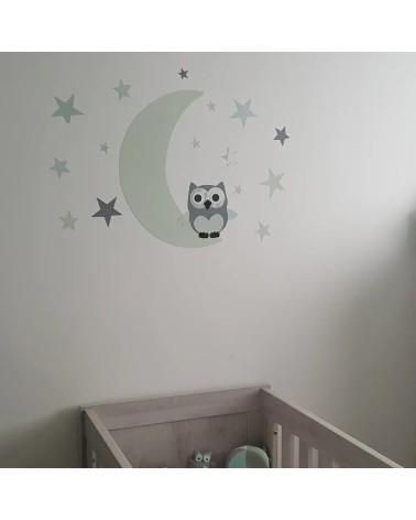 Behangsticker babykamer Uil op de maan met sterren - mintgroen