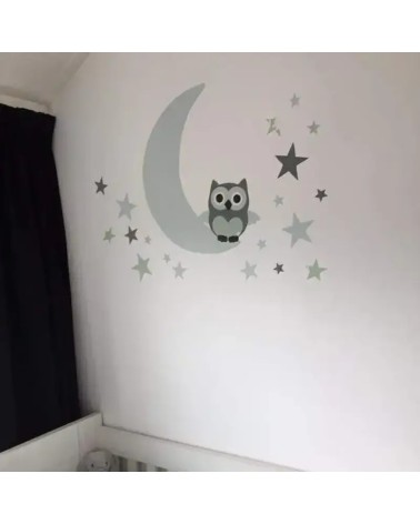 Behang muursticker uil op de maan mintgroen.