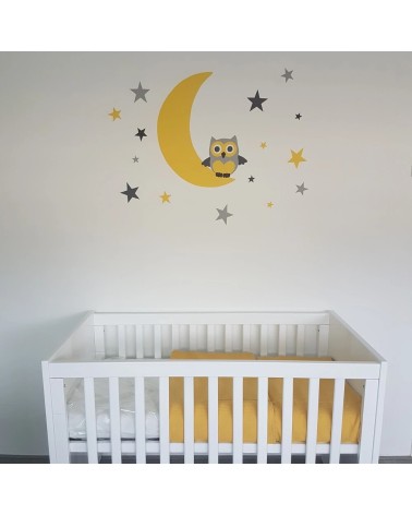 Fel oker gele maan met sterren en uil babykamer muurdecoratie.