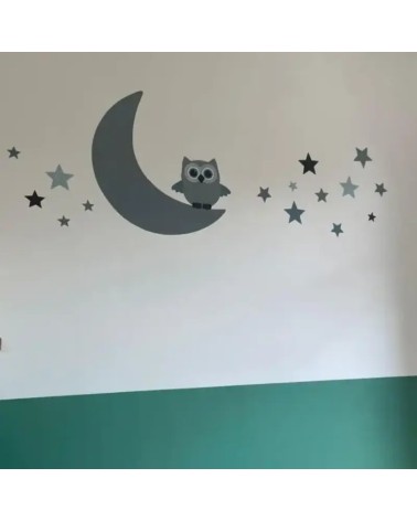 Behang sticker babykamer uil op de maan oudgroen.