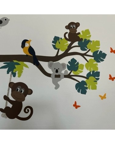 Muurdecoratie kinderkamer jungle dieren tak met schattige jungle dieren.